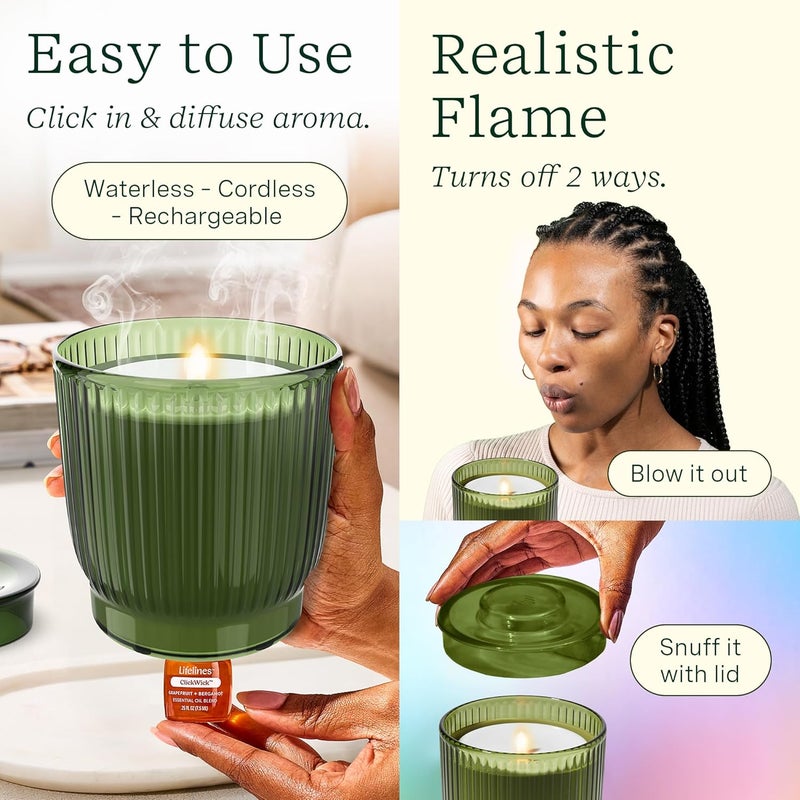 LifeLines Flameless Candle Aromatherapy Essential Oil Diffuser with 2 ClickWick Essential Oil Blends - Cordless & Waterless Diffuser for Home - Scented Electric Candles Blow Out Flame - Olive Jar - Image 3